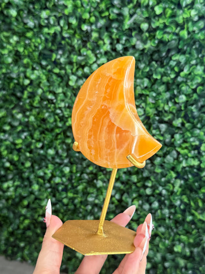 Orange Calcite Moon with Custom Gold Stand from India Q