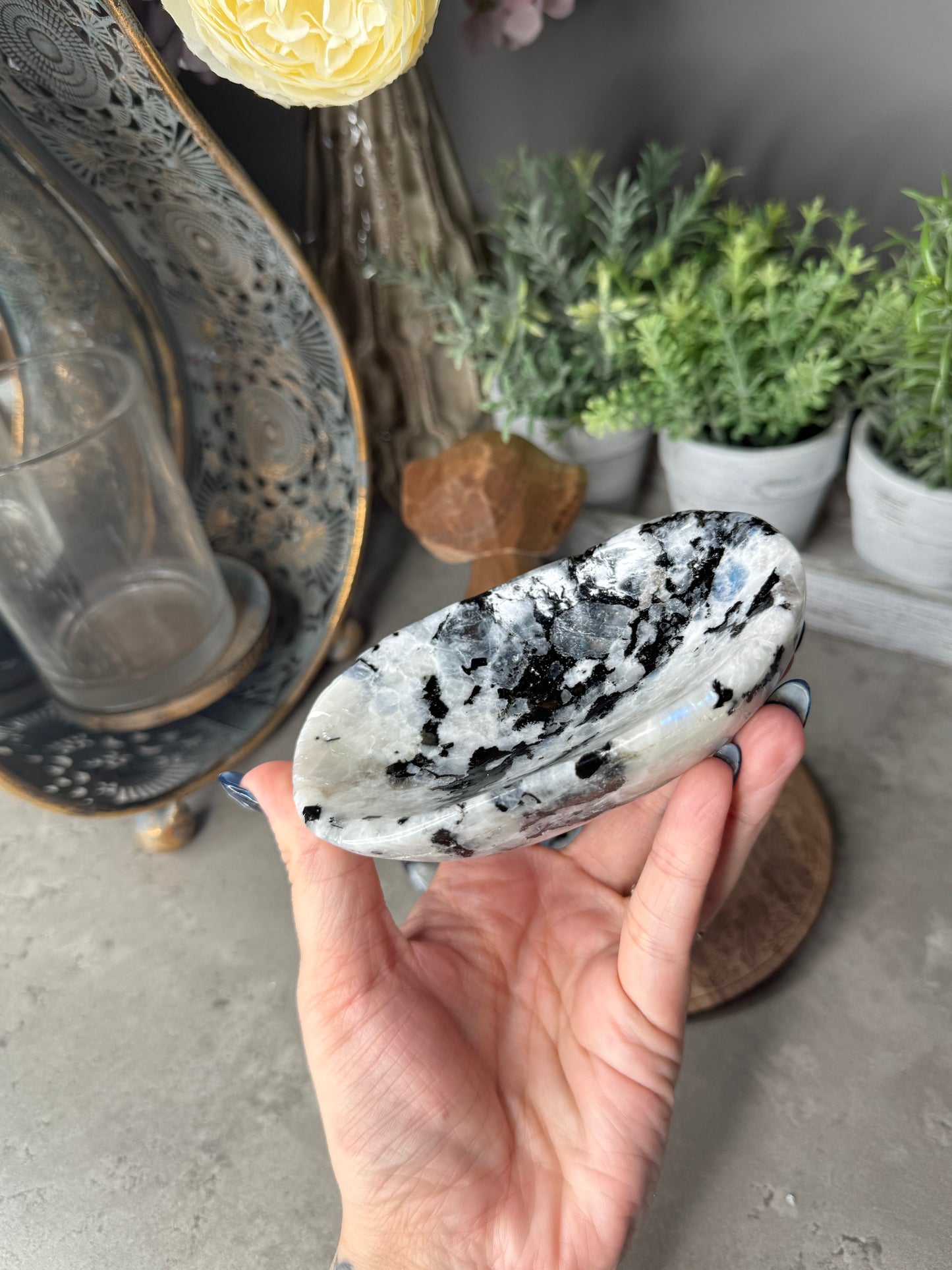 Rainbow Moonstone Crystal Bowl with Pyrite Inclusions