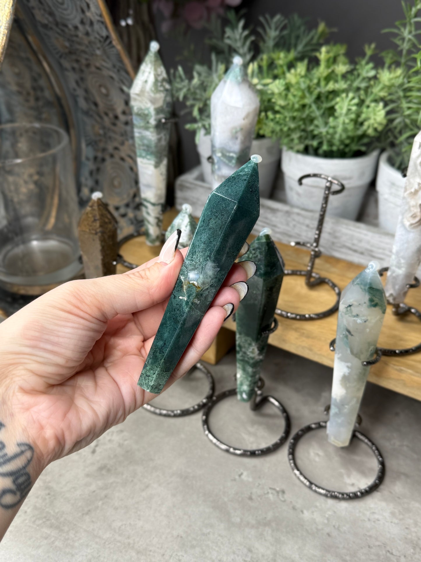 Moss Agate Wands on Stands