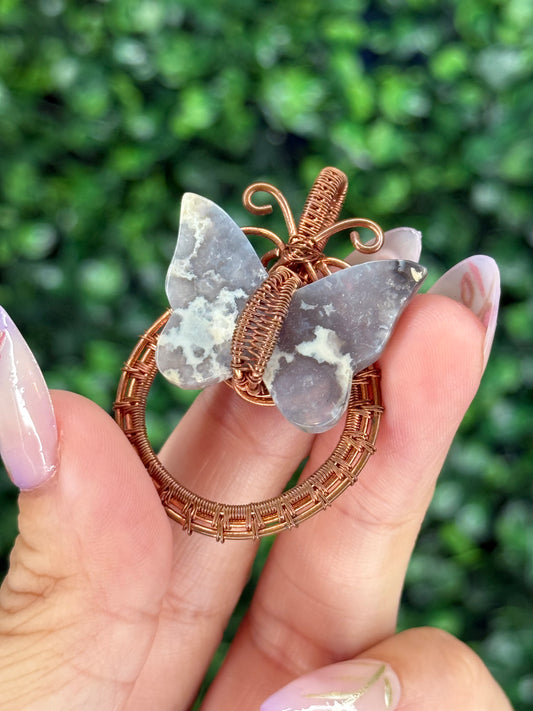 Wire Wrapped Blue Plume Agate Butterfly Crystal Carving Pendant from Indonesia
