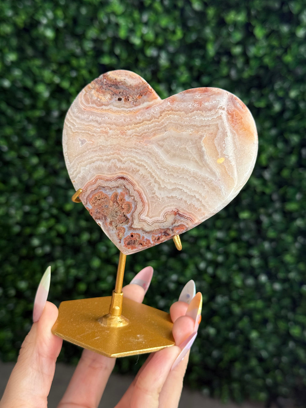 Pink Crazy Lace Agate Heart Crystal Carving - Indonesia