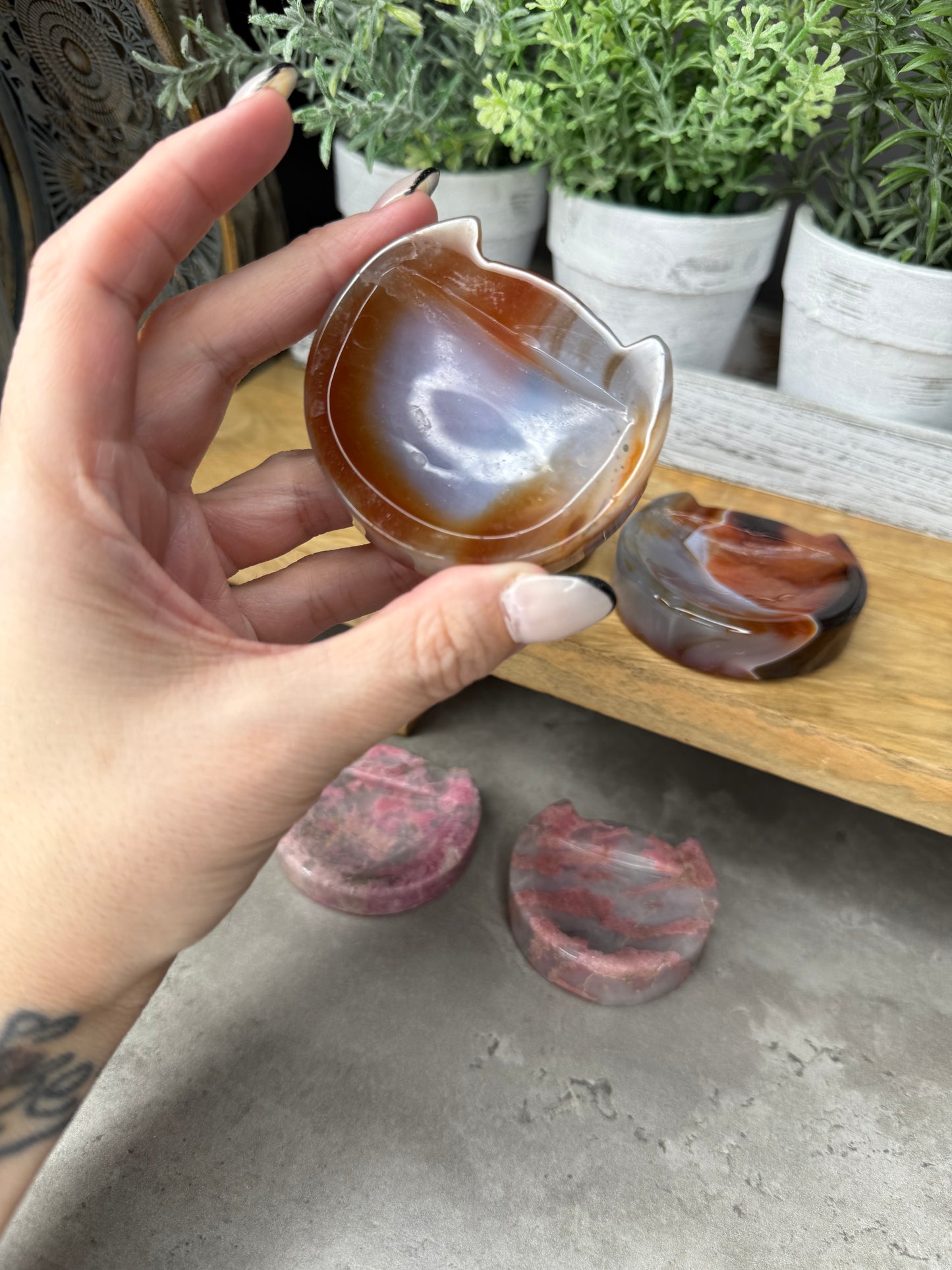 Rhodonite and Agate Cat Bowls