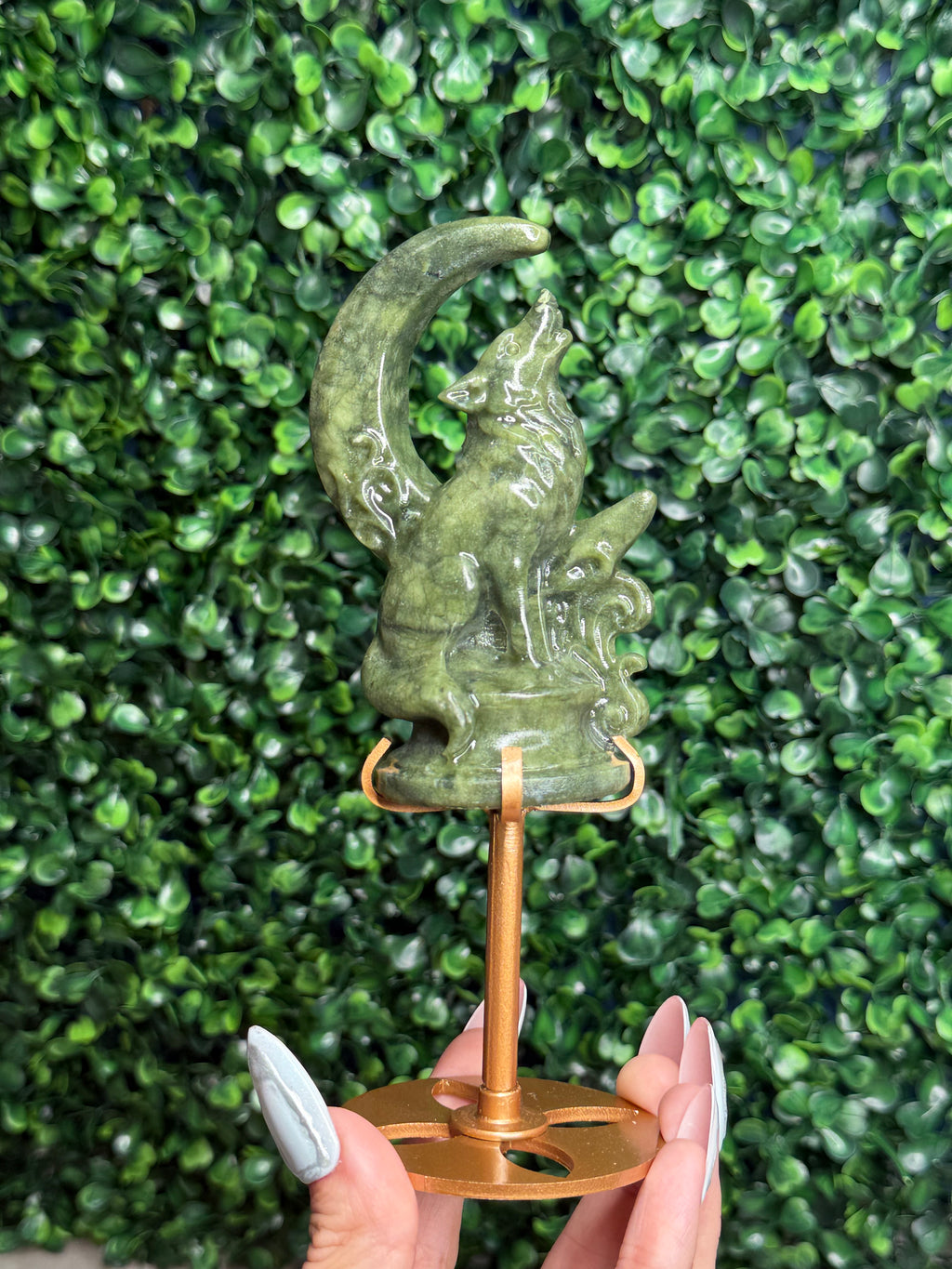 Green Jade Wolf & Moon Crystal Carving
