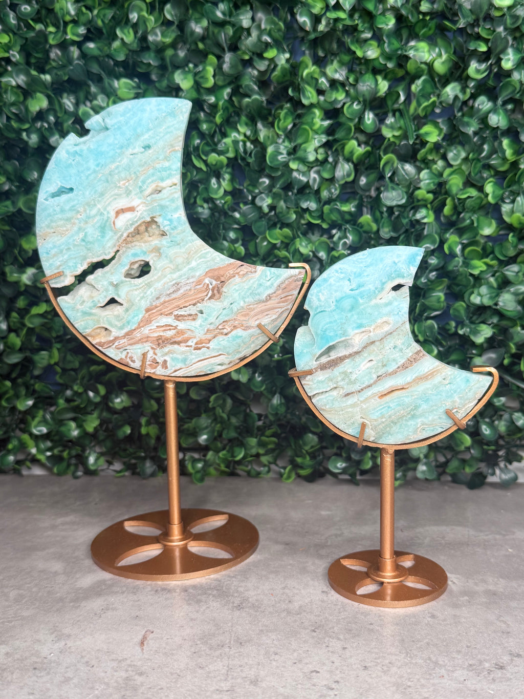 Blue Aragonite Crystal Moon Carvings with Custom Stands