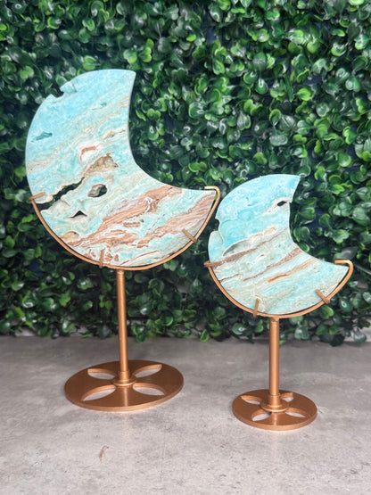 Blue Aragonite Crystal Moon Carvings with Custom Stands