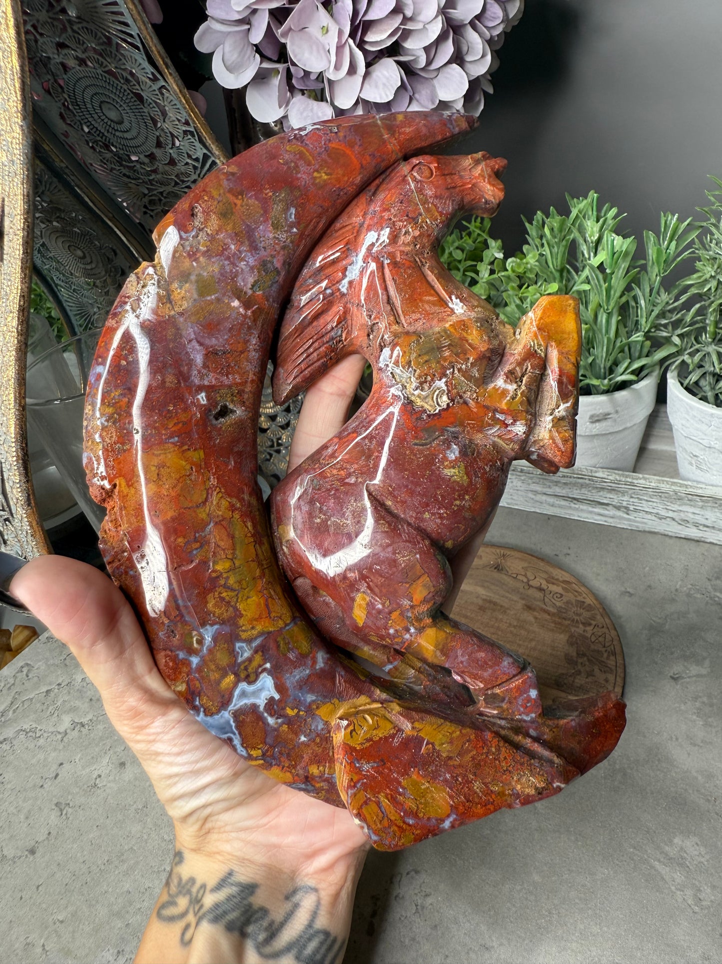 Ocean Jasper Rearing Horse & Moon Carving