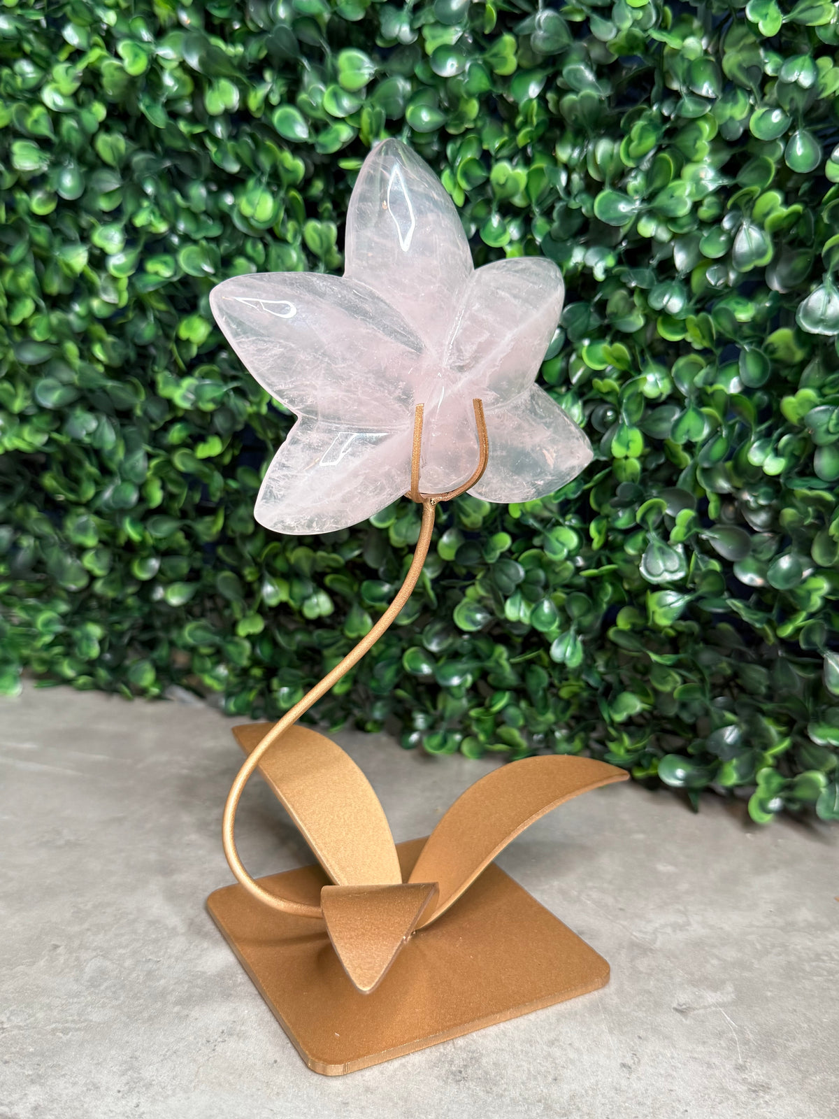Rose Quartz Lotus Flower with Custom Gold Stand Crystal Carving