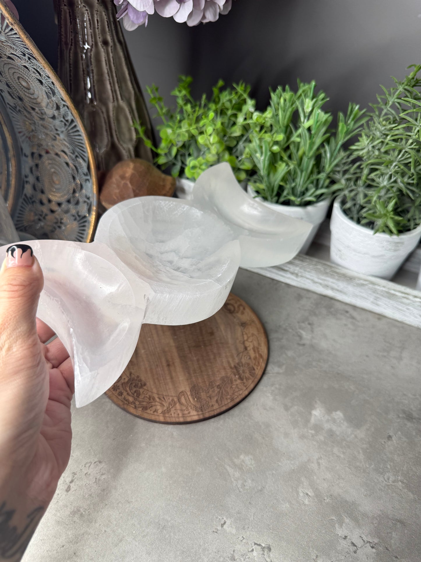 Triple Moon Selenite/Satin Spar Large Crystal Tray Witchcraft Alter
