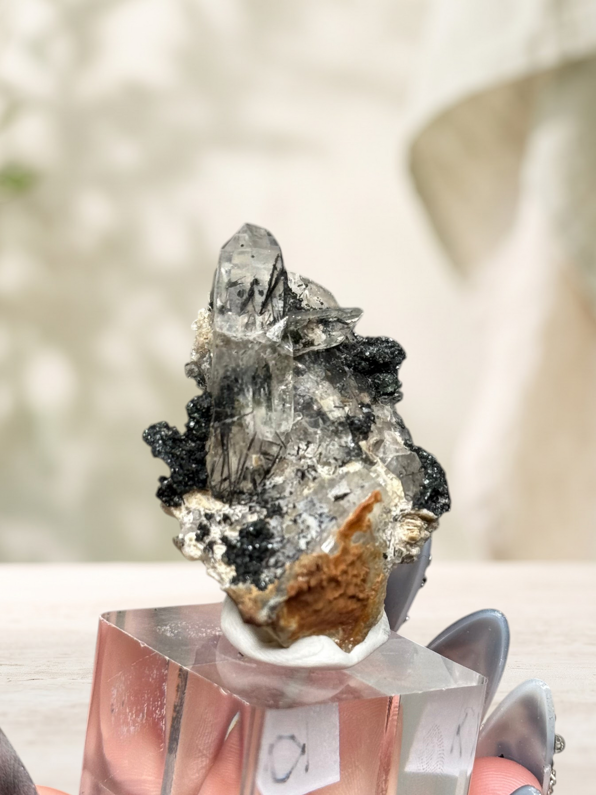 Crystal Glade laser quartz specimen from Pakistan featuring a slender crystal point with dark tourmaline inclusions.