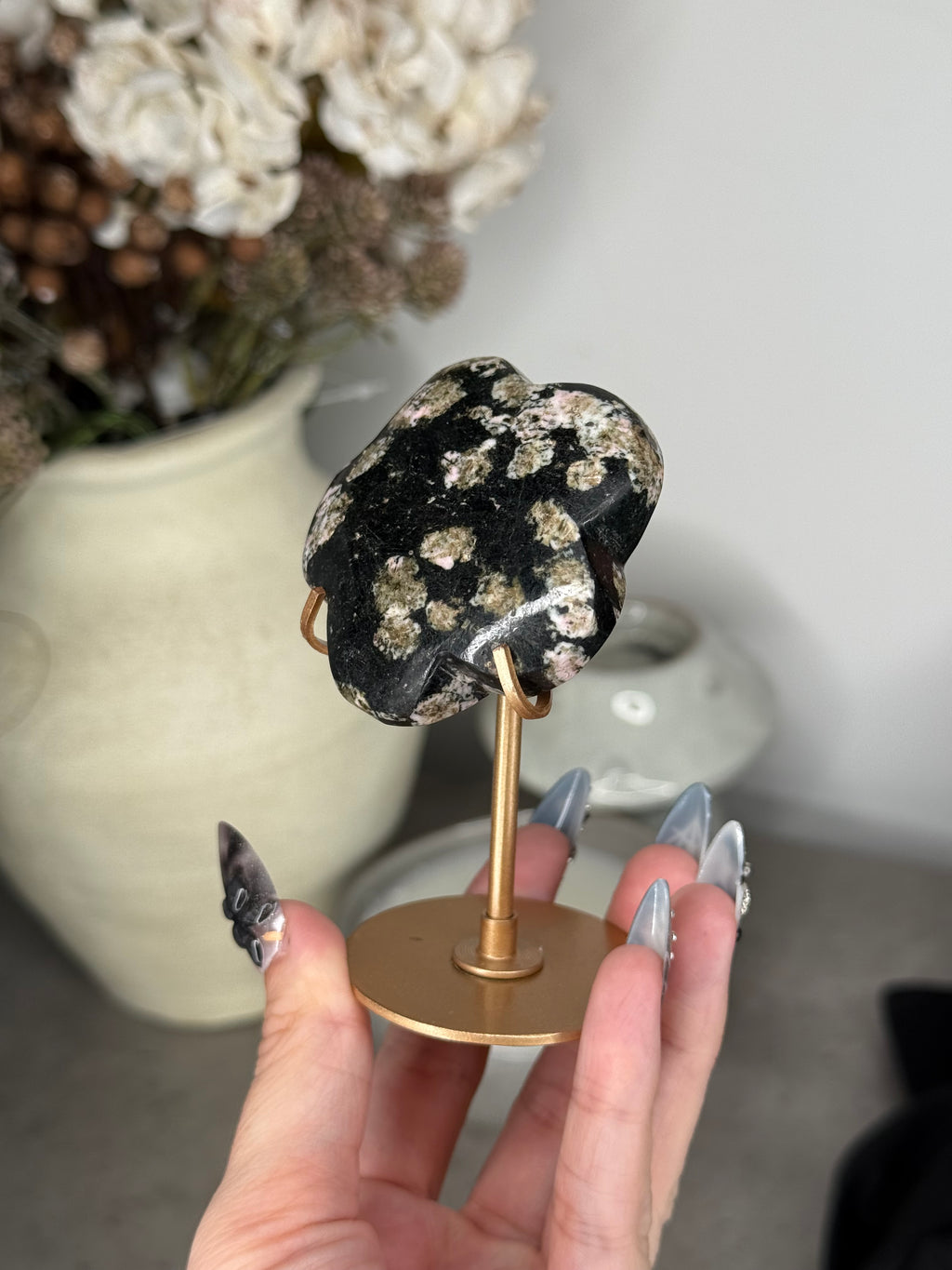 Snowflake Obsidian Flower with Gold Stand