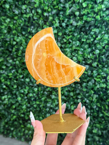 Orange Calcite Moon with Custom Gold Stand from India Q