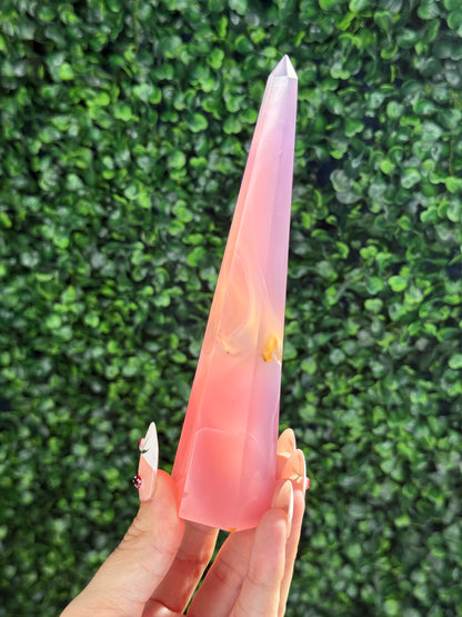 Pink Jelly Agate Obelisk Tower Crystal Carving - B 155g