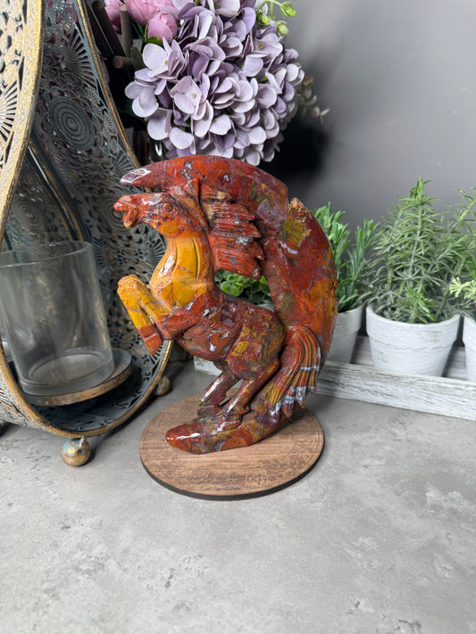 Ocean Jasper Rearing Horse & Moon Carving