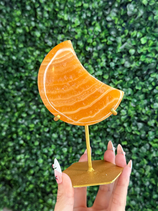 Orange Calcite Moon with Custom Gold Stand from India D