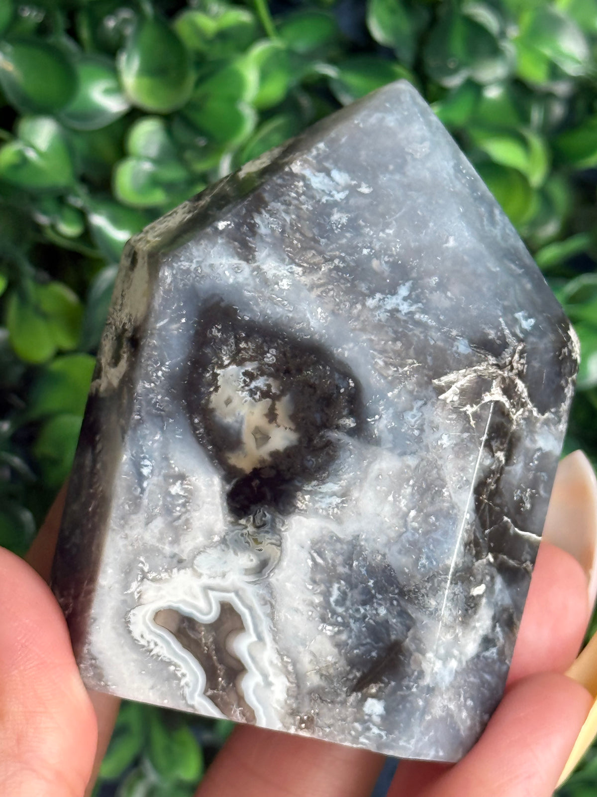 Blue Plume Agate Heart Tower Carving from Indonesia J