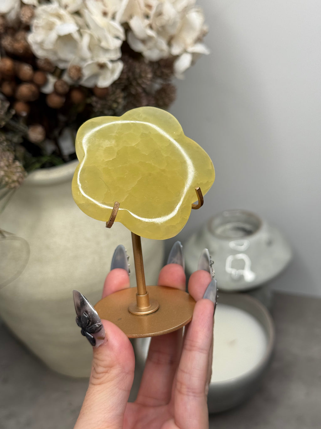 Lemon Flower Crystal Carving with Gold Stand
