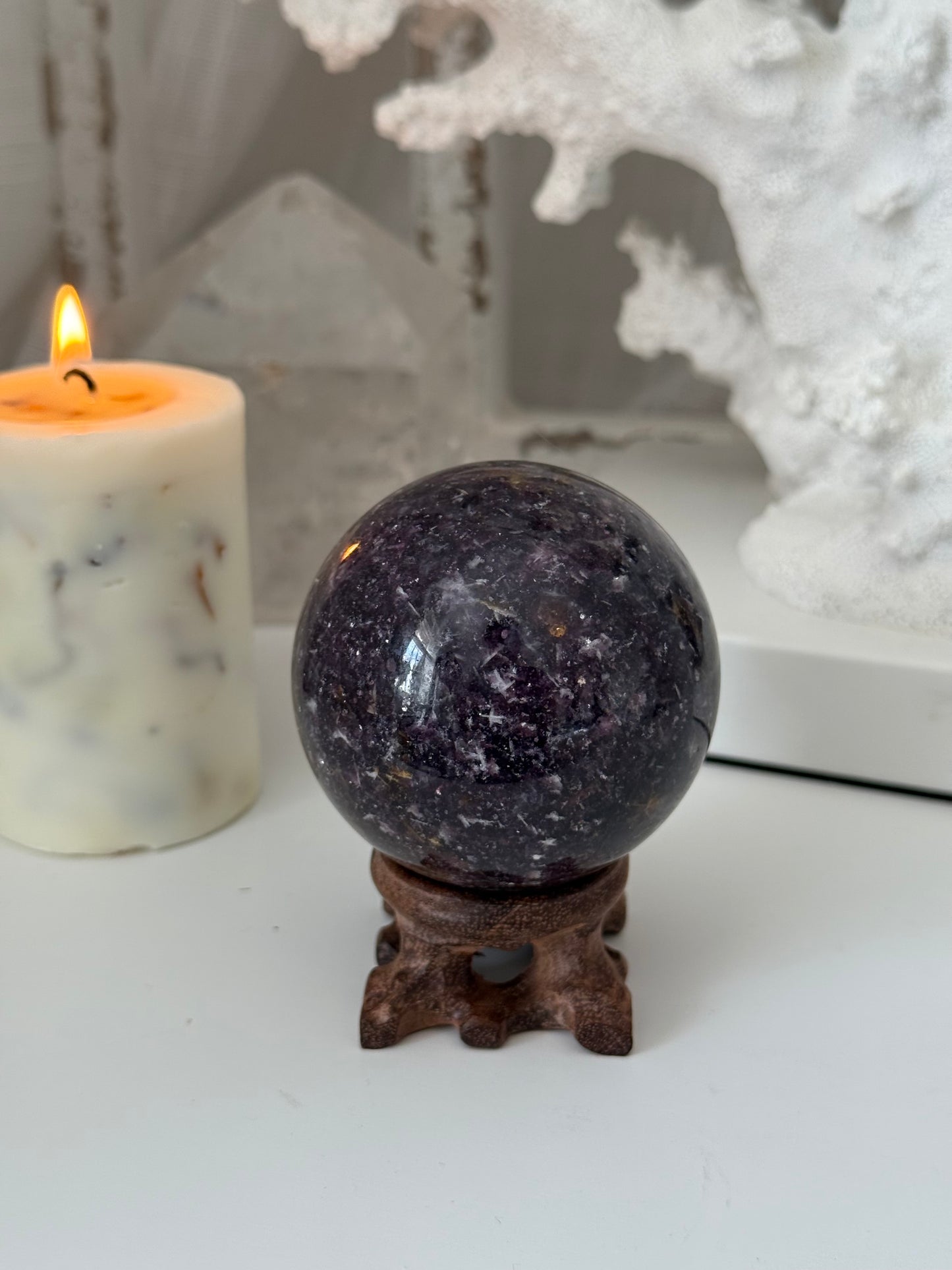 Lepidolite Crystal Sphere with golden healer inclusion