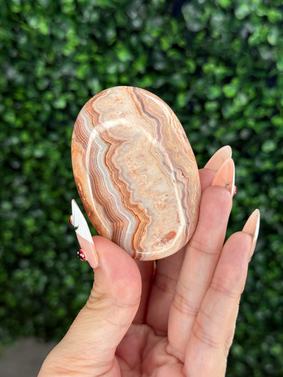 Pink Crazy Lace Agate Palmstone Crystal Carving from Indonesia