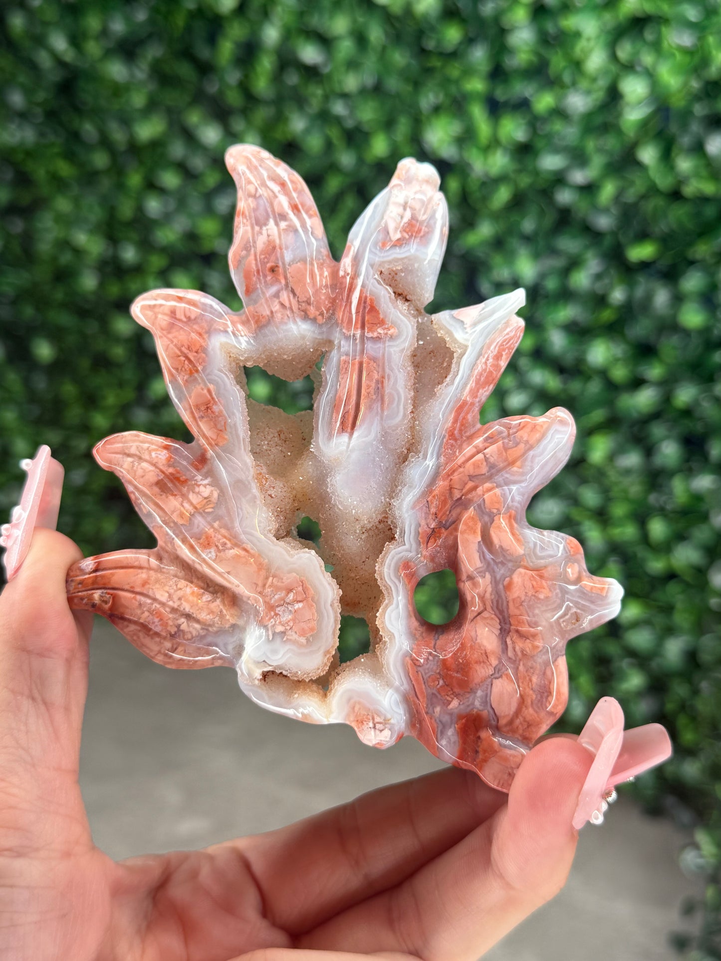 Pink Agate Nine-Tailed Fox Carving with Gold Stand