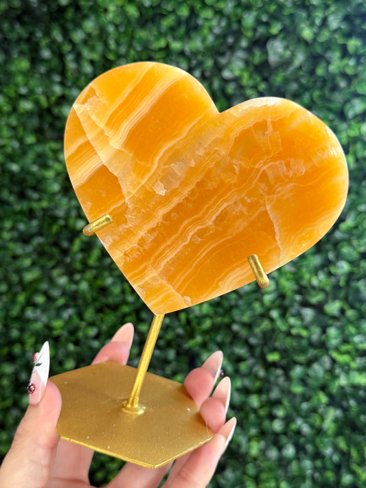 Orange Calcite Heart with Custom Gold Stand from India H