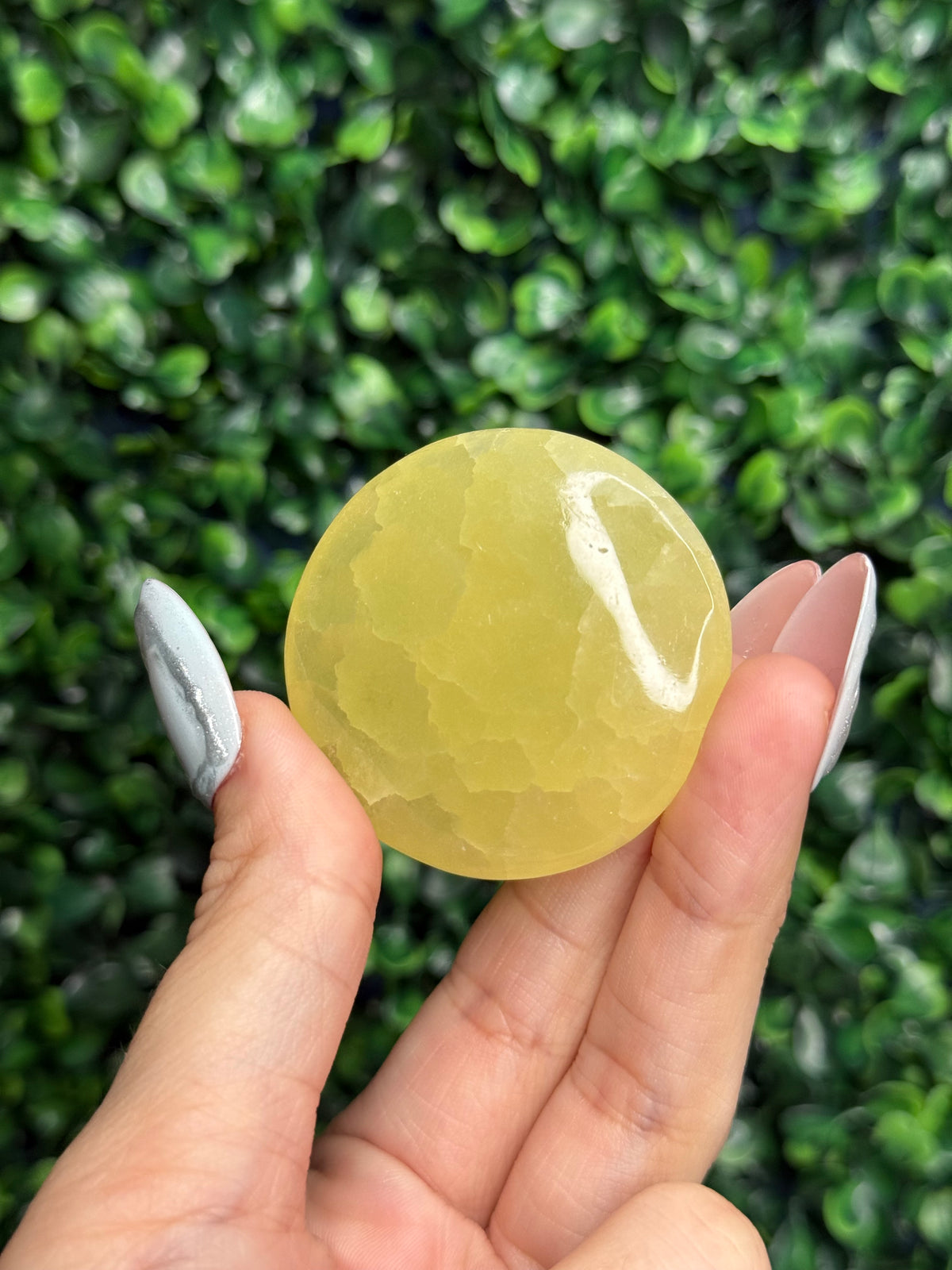 Lemon Calcite Flat Palmstone Crystal Carving