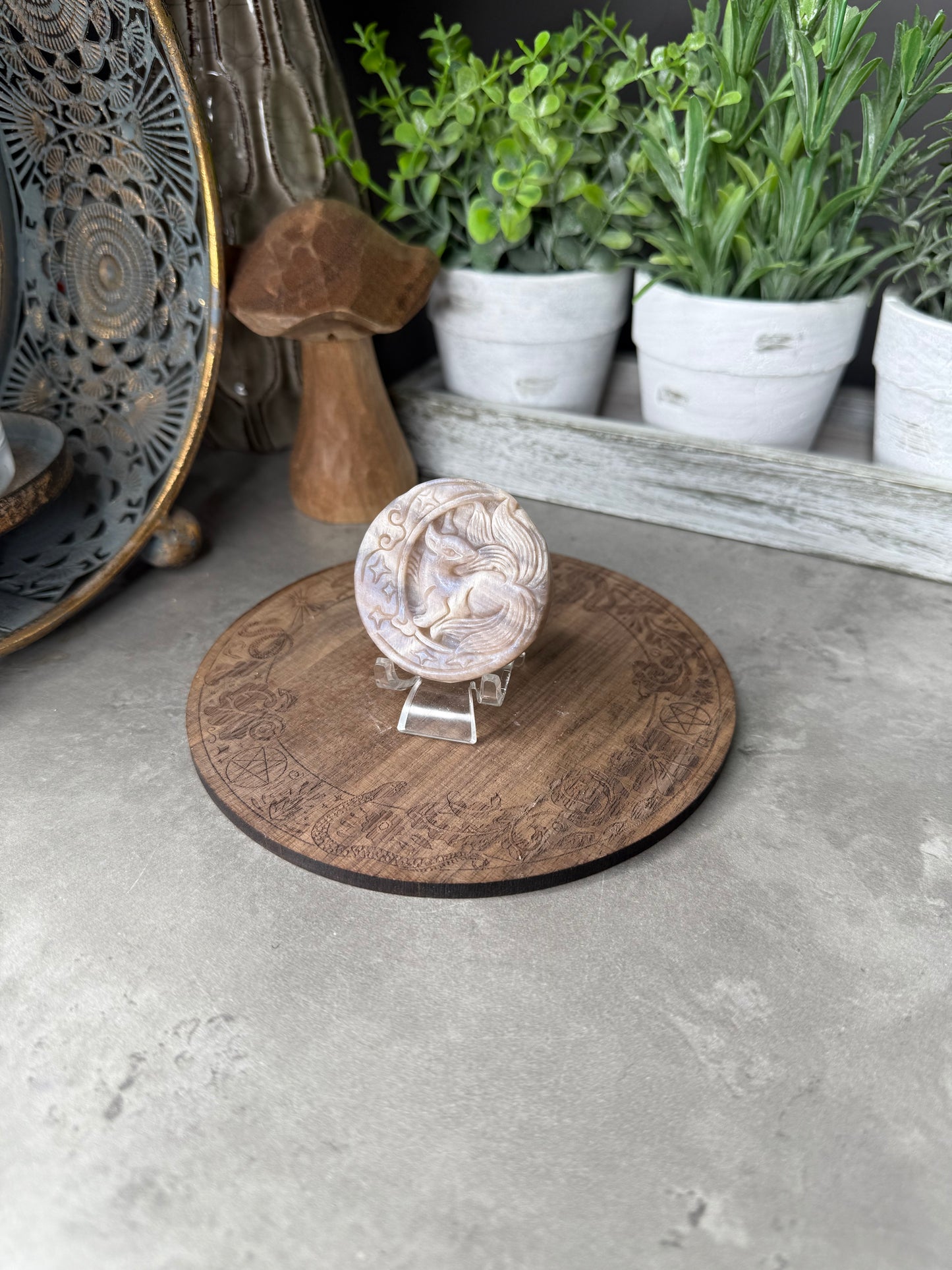 Hand carved Moonstone Nine Tailed Fox and Moon Crystal Carving with Stand - 27g