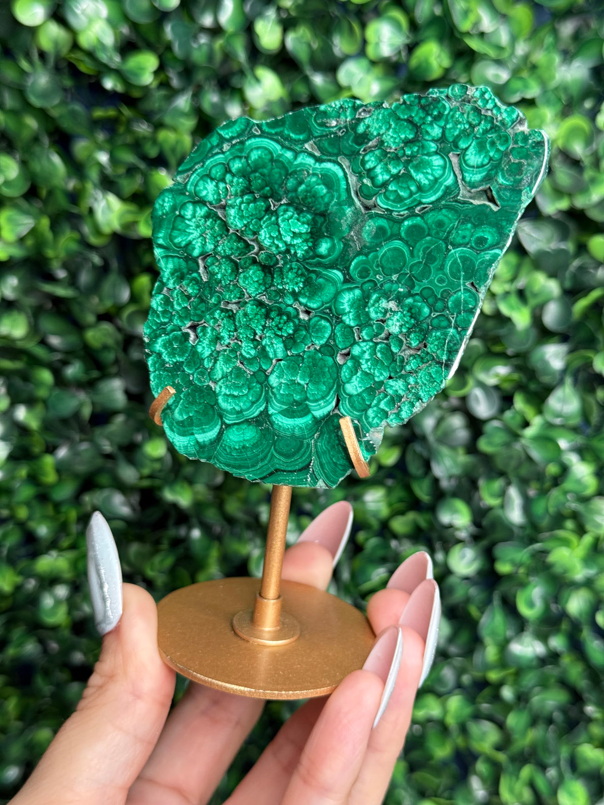 Malachite Slab Crystal Carving with Gold Stand