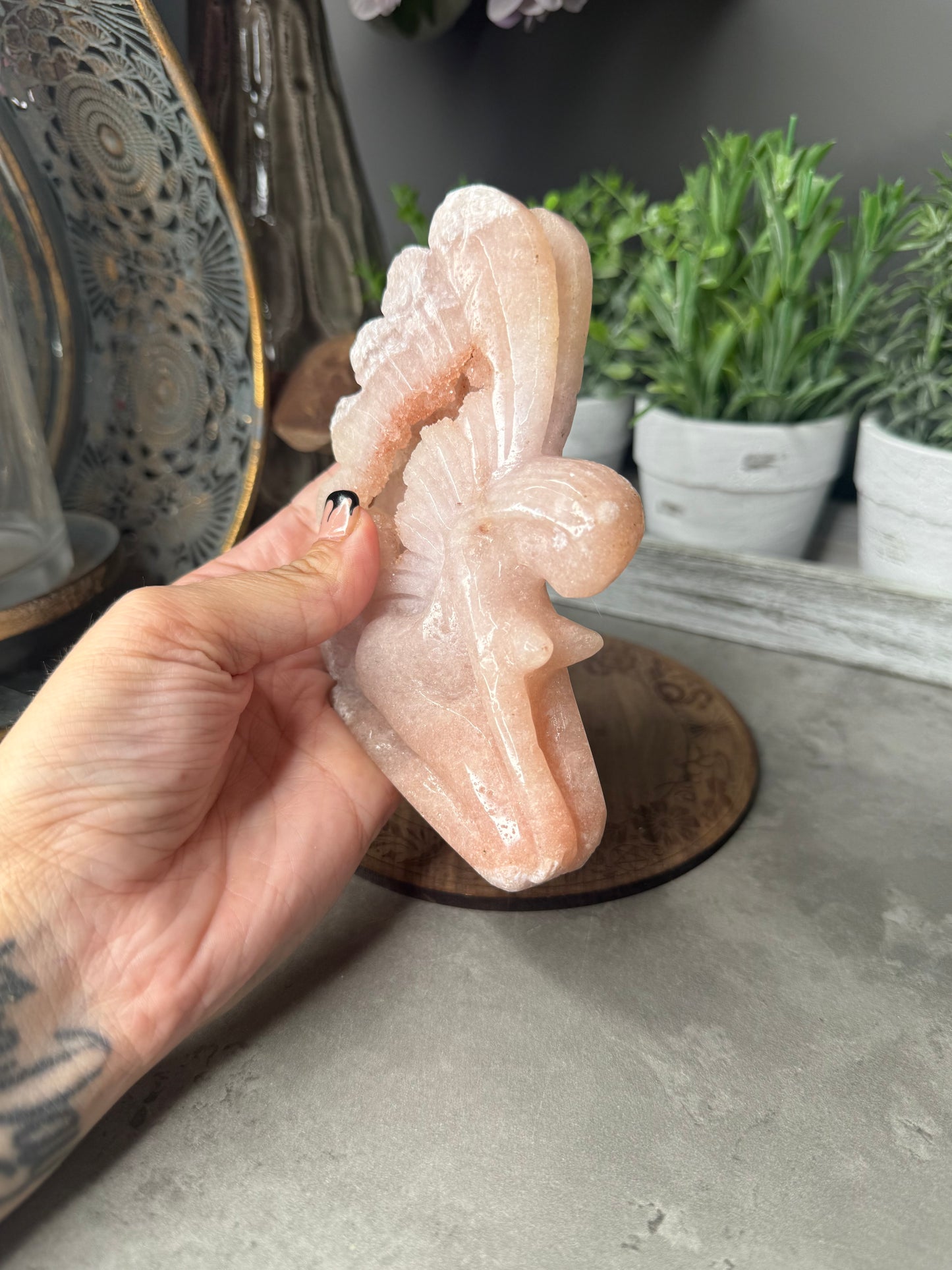Pink Amethyst Sitting Fairy Crystal Carving with Druzy - 119g