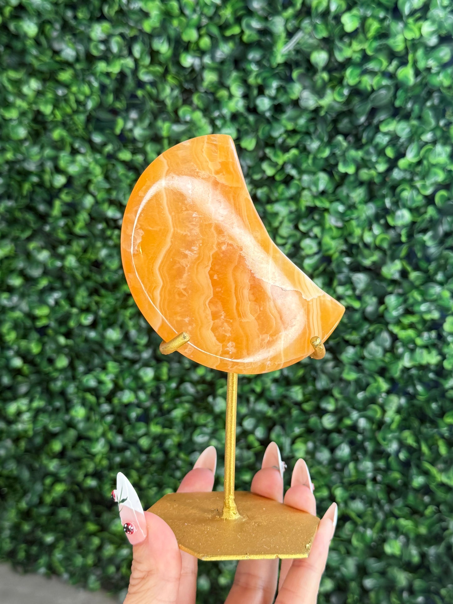 Orange Calcite Moon with Custom Gold Stand from India Q