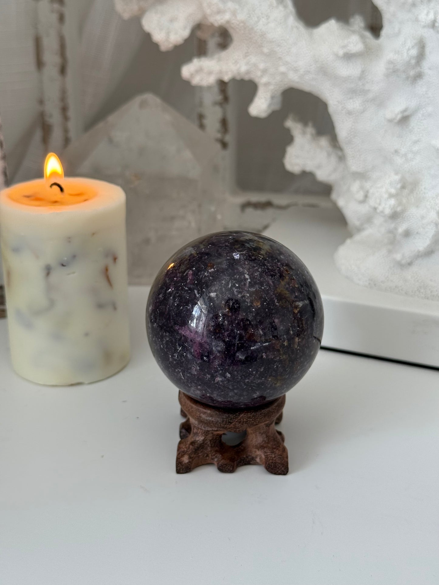 Lepidolite Crystal Sphere with golden healer inclusion