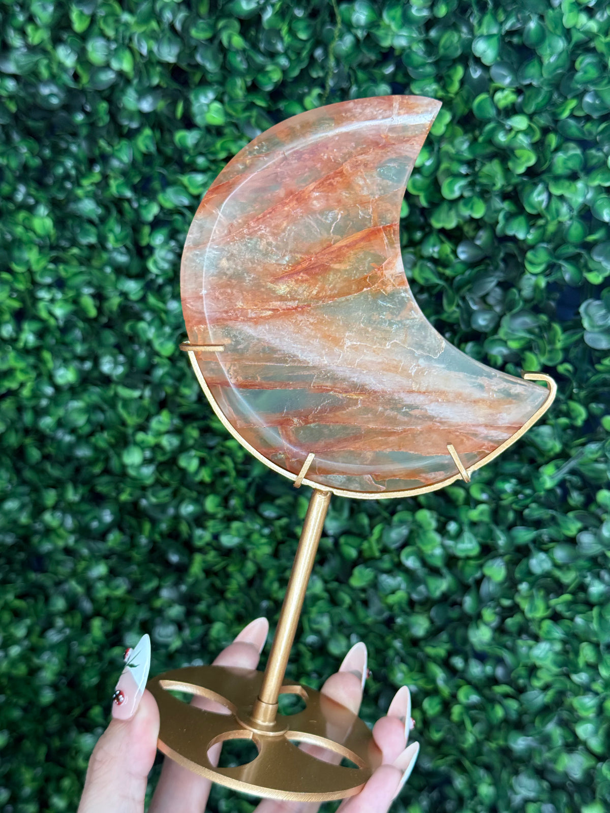 HQ Fire Quartz Moon Crystal Carvings with gold stand