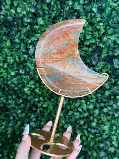 HQ Fire Quartz Moon Crystal Carvings with gold stand