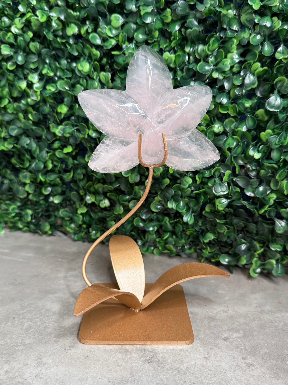 Rose Quartz Lotus Flower with Custom Gold Stand Crystal Carving