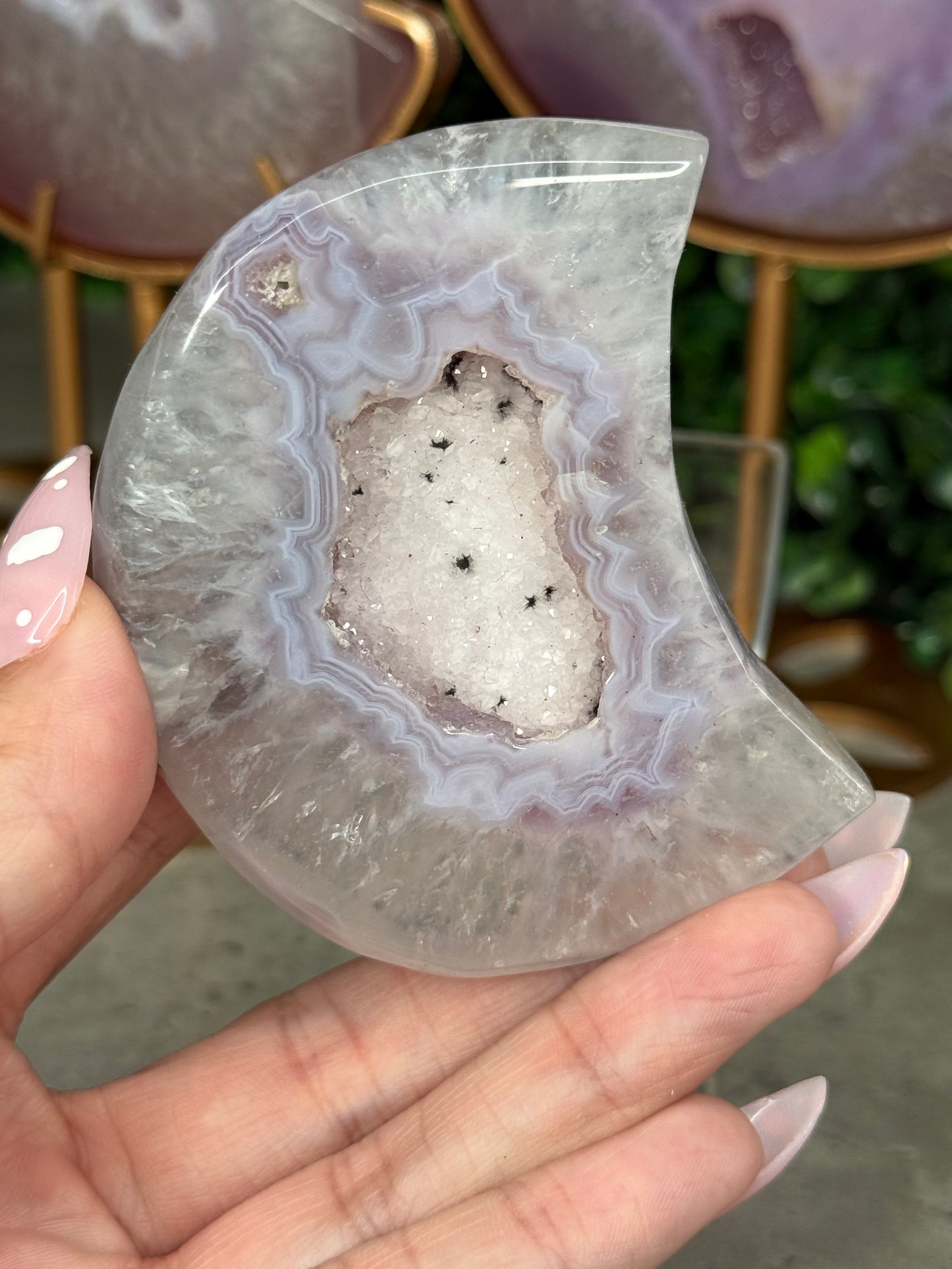Jelly Agate Crystal Carvings Moons with Gold Stands
