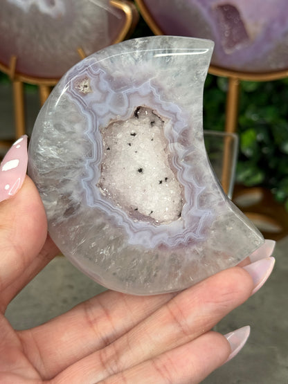 Jelly Agate Crystal Carvings Moons with Gold Stands