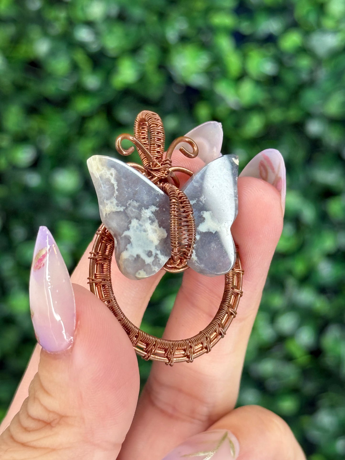 Wire Wrapped Blue Plume Agate Butterfly Crystal Carving Pendant from Indonesia