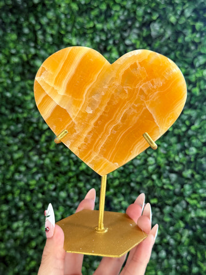 Orange Calcite Heart with Custom Gold Stand from India H