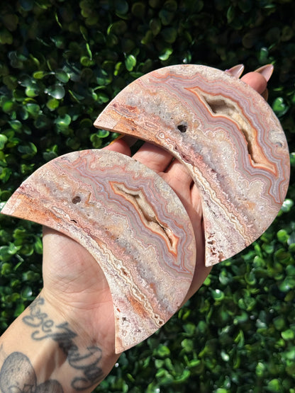 Pink Crazy Lace Agate Moon Crystal Carvings - Indonesia