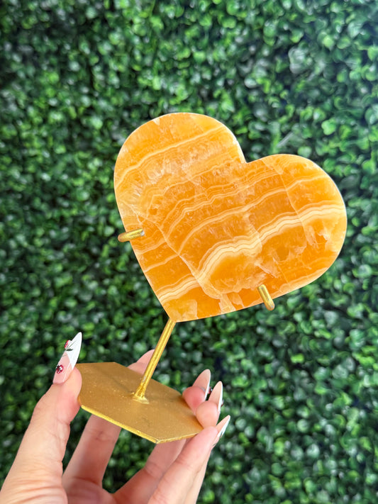 Orange Calcite Heart with Custom Gold Stand from India U