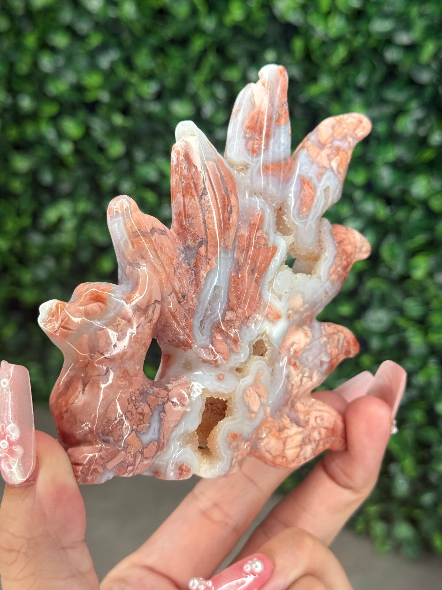 Pink Agate Nine-Tailed Fox Carving with Gold Stand