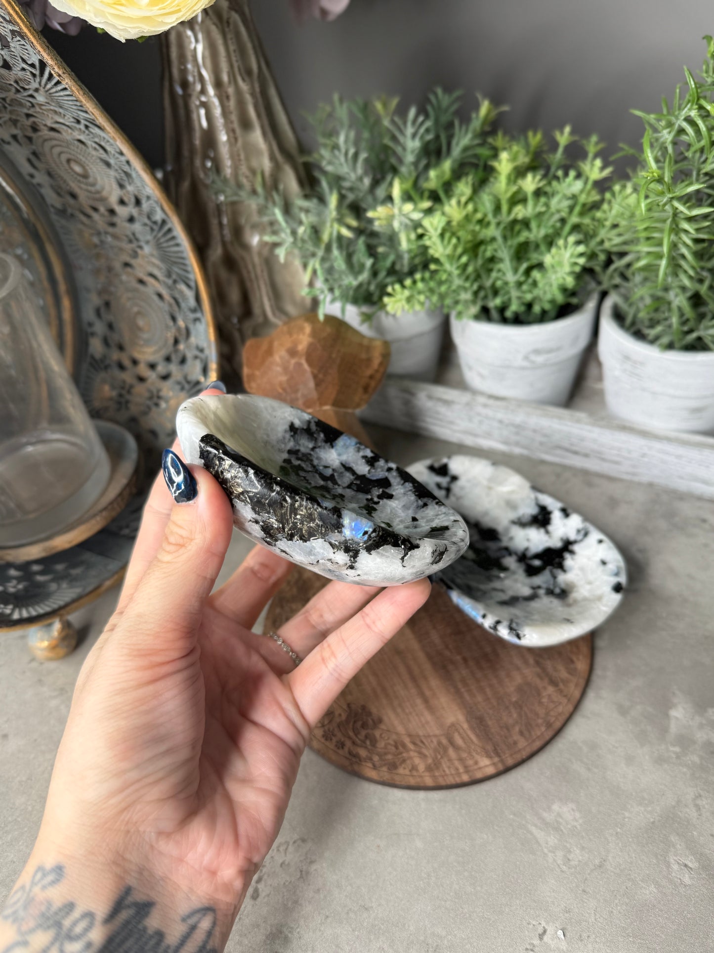 Rainbow Moonstone Crystal Bowl with Pyrite Inclusions
