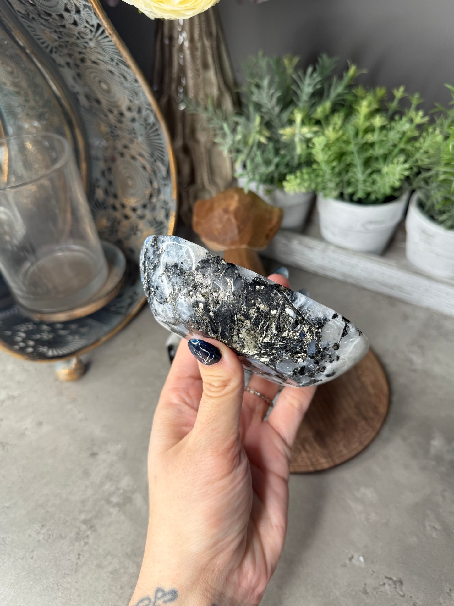 Rainbow Moonstone Crystal Bowl with Pyrite Inclusions