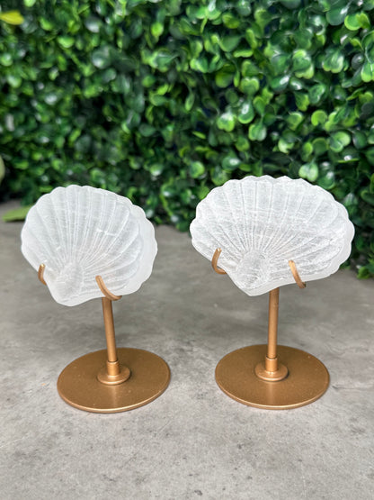 Satin Spar Selenite Shell Carving on Gold Stand