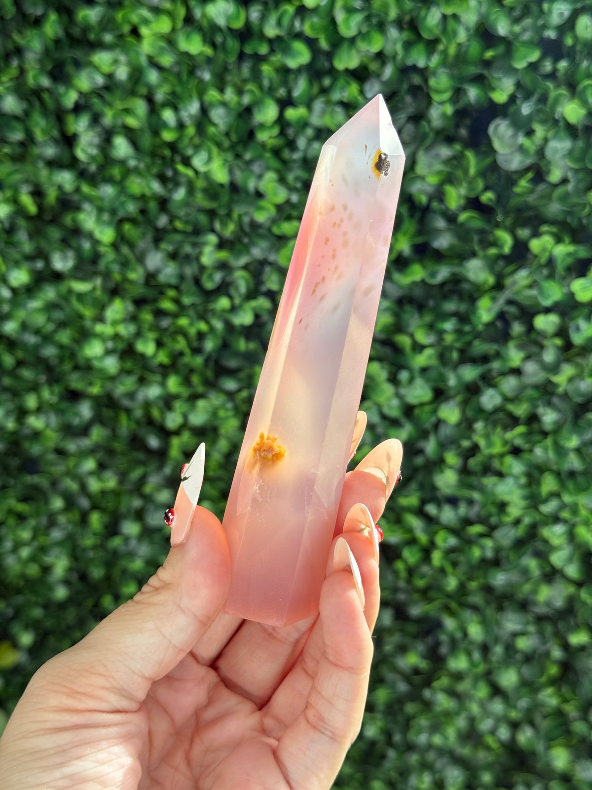 Pink Jelly Agate Obelisk Tower Crystal Carving - A 111g