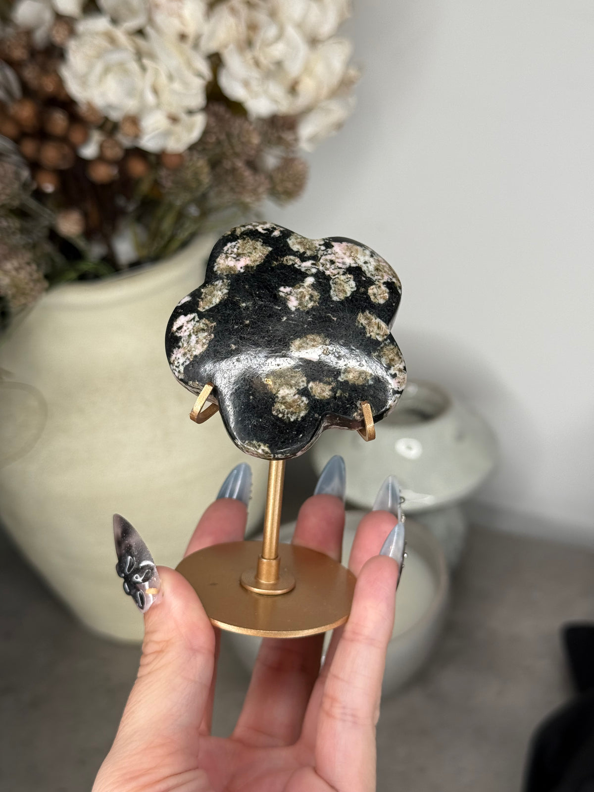 Snowflake Obsidian Flower with Gold Stand