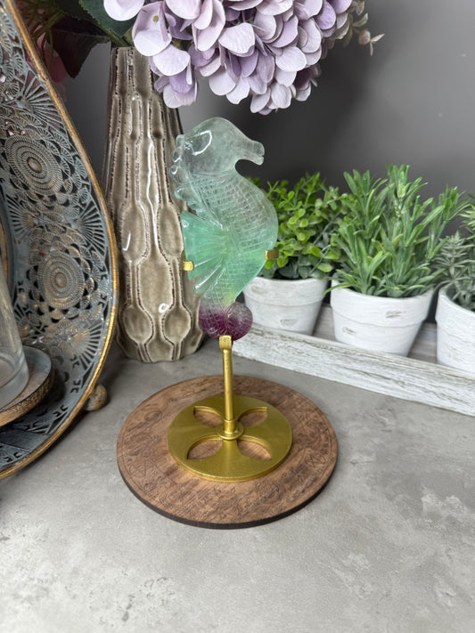 Rainbow Fluorite Seahorse with Gold Stand