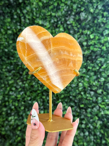 Orange Calcite Heart with Custom Gold Stand from India F