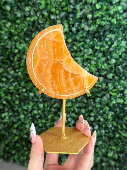 Orange Calcite Moon with Custom Gold Stand from India Q