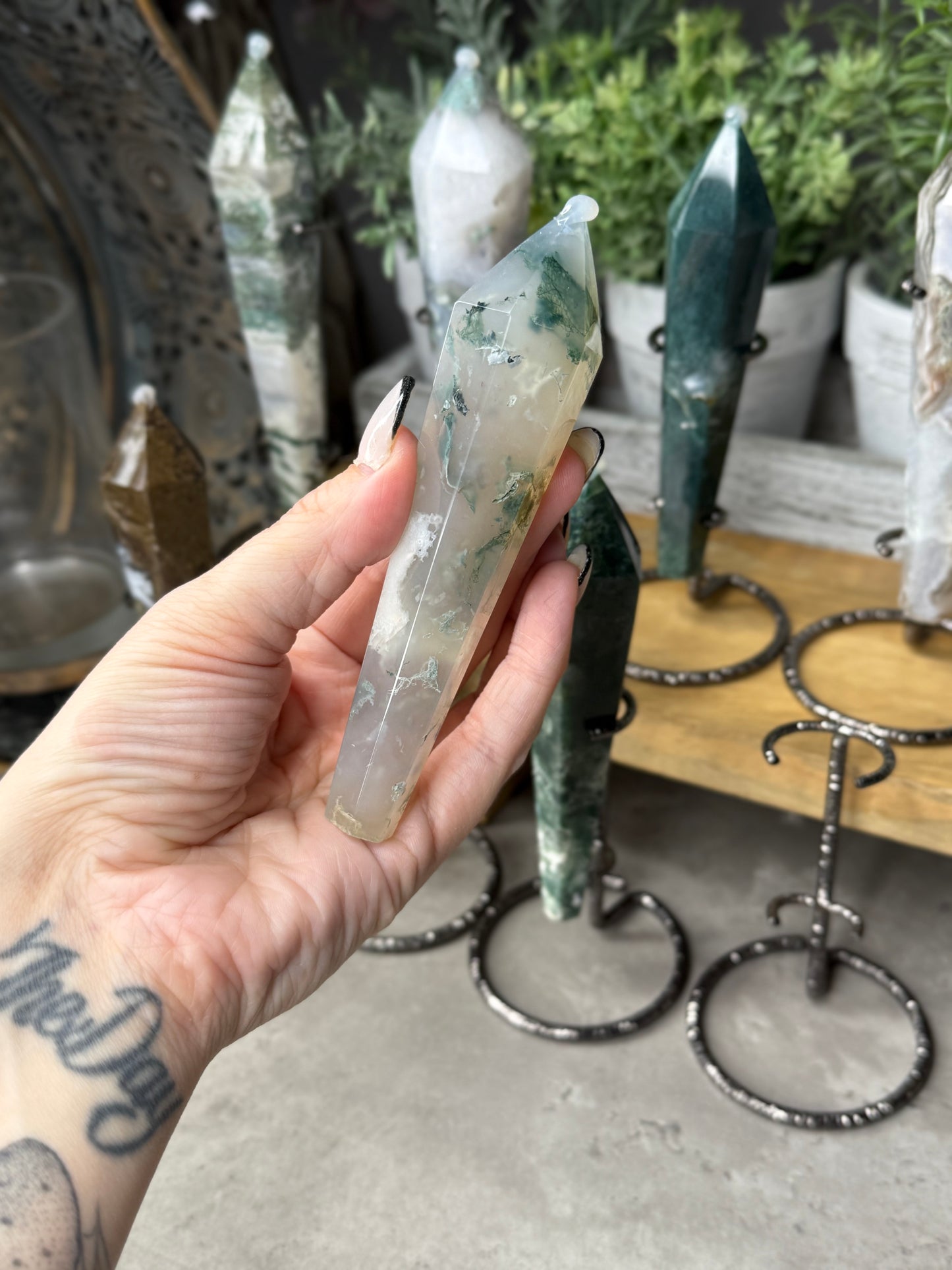 Moss Agate Wands on Stands