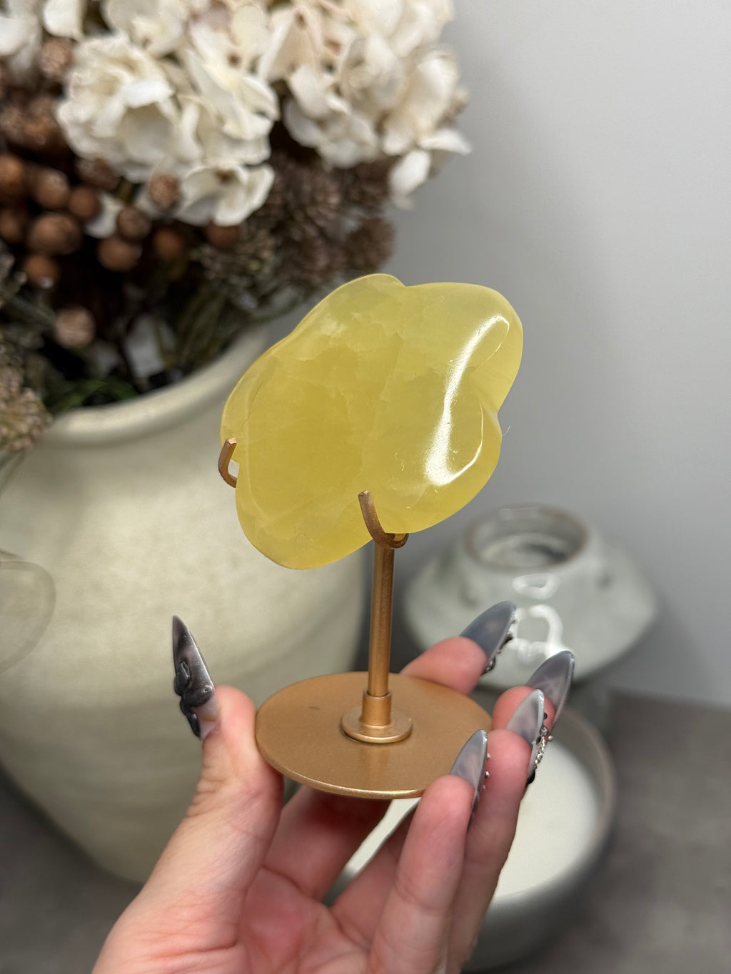 Lemon Flower Crystal Carving with Gold Stand